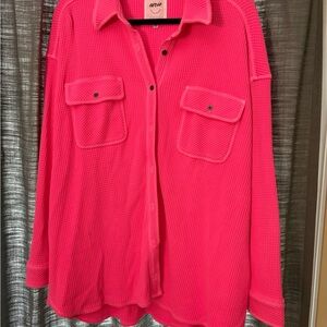 Aerie Hot Pink Waffle-Knit Button-Up Shirt